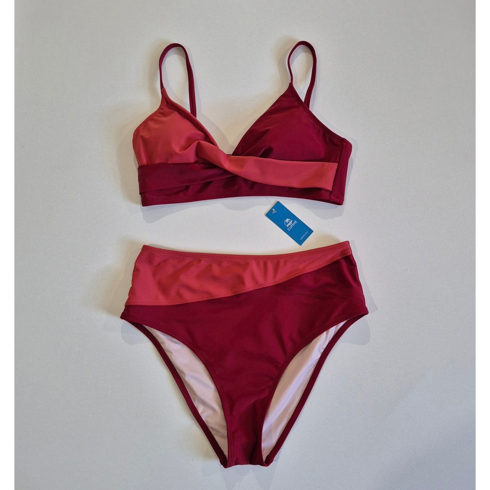 CUPSHE Women Burgundy Pink Colorblock Twist Front High Waisted Bikini Set NWT